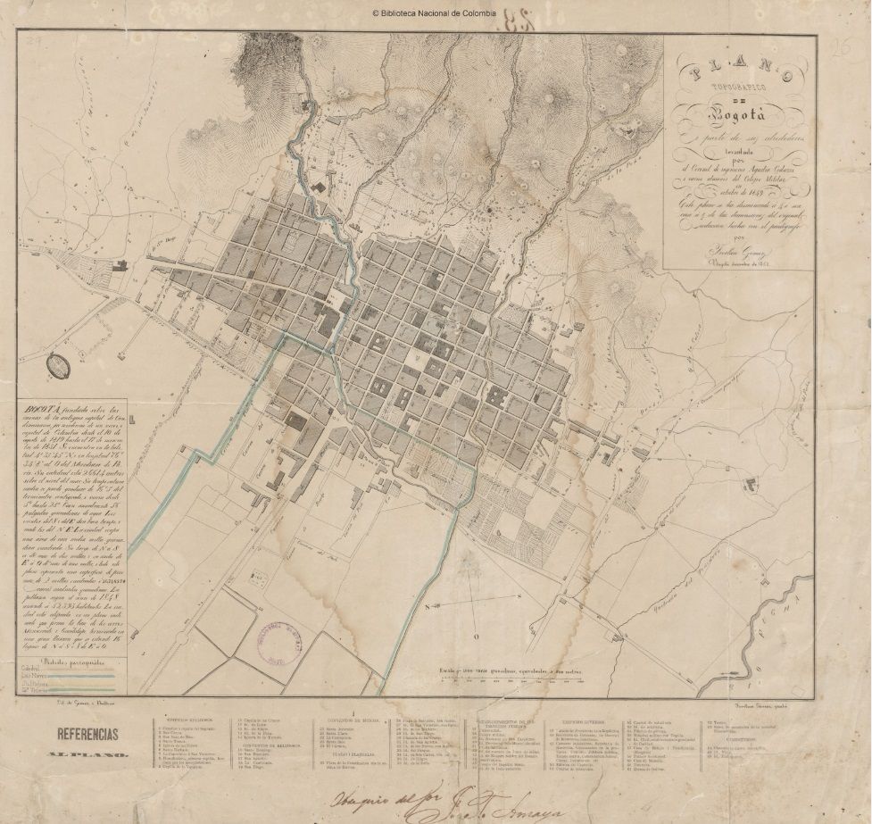 Plano Topográfico de Bogotá y parte de sus alrededores. Levantado por el Coronel de ingenieros Agustín Codazzi y varios alumnos del Colegio Militar en 1852