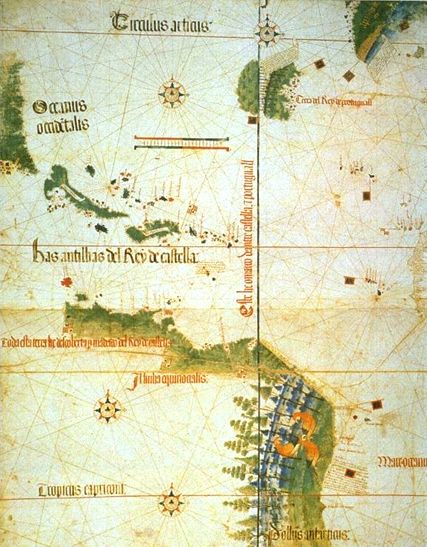 El detalle de América del Planisferio de Cantino (1502). Muestra las costas conocidas en esa época, reflejando los descubrimientos geográficos realizados a finales del siglo XV y principios del XVI
