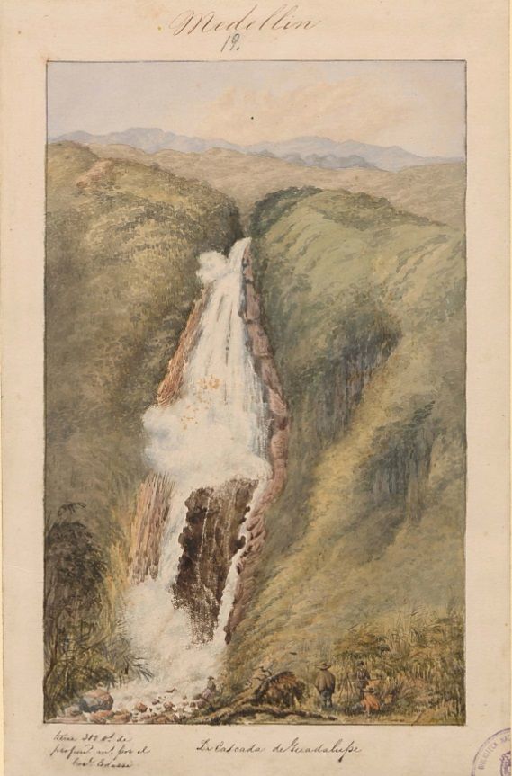 Lámina de la comisión corográfica de la cascada de Guadalupe en la provincia de Medellín, una acuarela de Henry Price