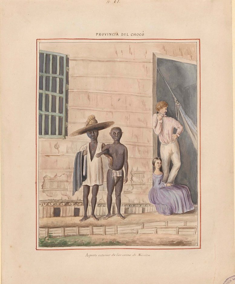 Lámina de la comisión corográfica del aspecto exterior de las casas de Nóvita, en la provincia del Chocó, hecha por Manuel María Paz