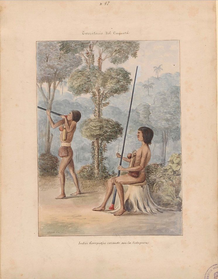 Lámina de la comisión corográfica con los indios correguajes cazando con la bodoquera en el territorio de Casanare, hecha por Manuel María Paz
