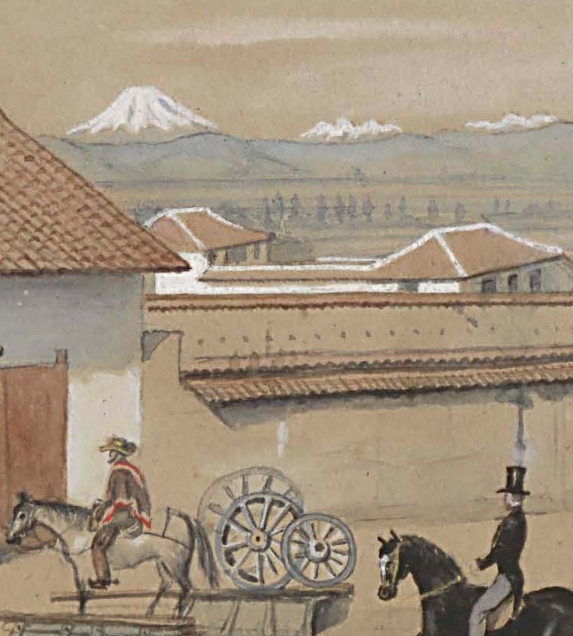 Detalle de la lámina de la comisión corográfica de la entrada a Bogotá por San Victorino y vista lejana de los nevados del Tolima, Quindío, Santa Isabel, Ruíz y Mesa de Herveo, hecha por Manuel Maria Paz