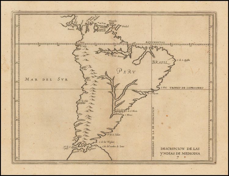 Imagen que muestra un mapa antiguo titulado Descripcion de las Yndias del Mediodia, 1622