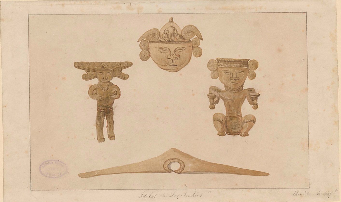 Lámina de la comisión corográfica de los Idolos de los indios, provenientes de la provincia de Antioquia, una acuarela de Henry Price