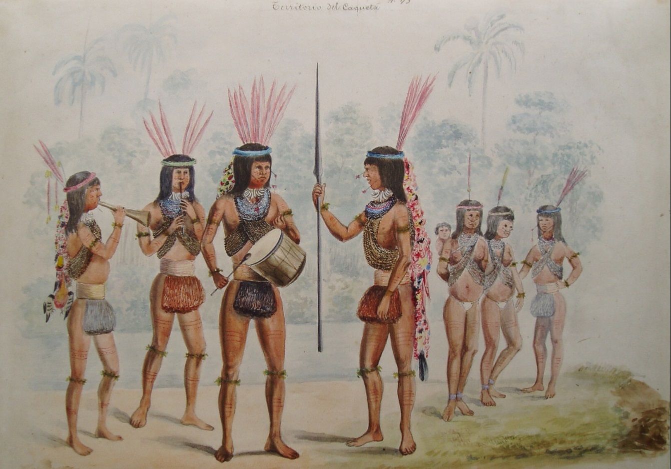 Lámina de la comisión corográfica de los indigenas Correguajes con sus adornos, en el territorio del Caquetá, hecha por Manuel María Paz