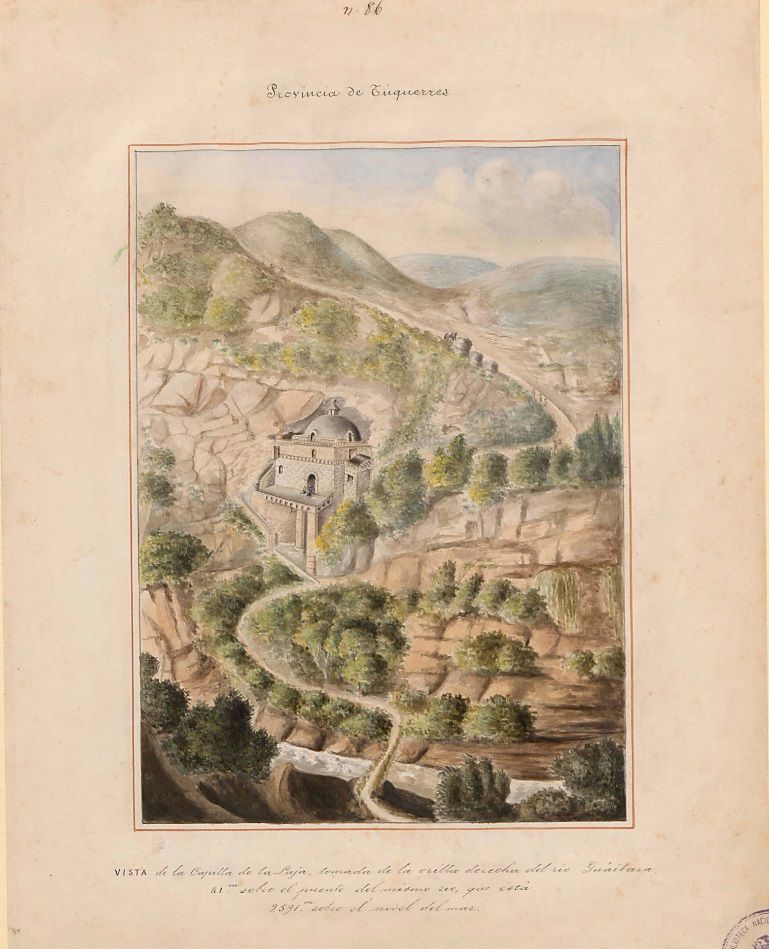 Lámina de la comisión corográfica de la vista a la capilla de La Laja, por la provincia de Túquerres, hecha por Manuel María Paz