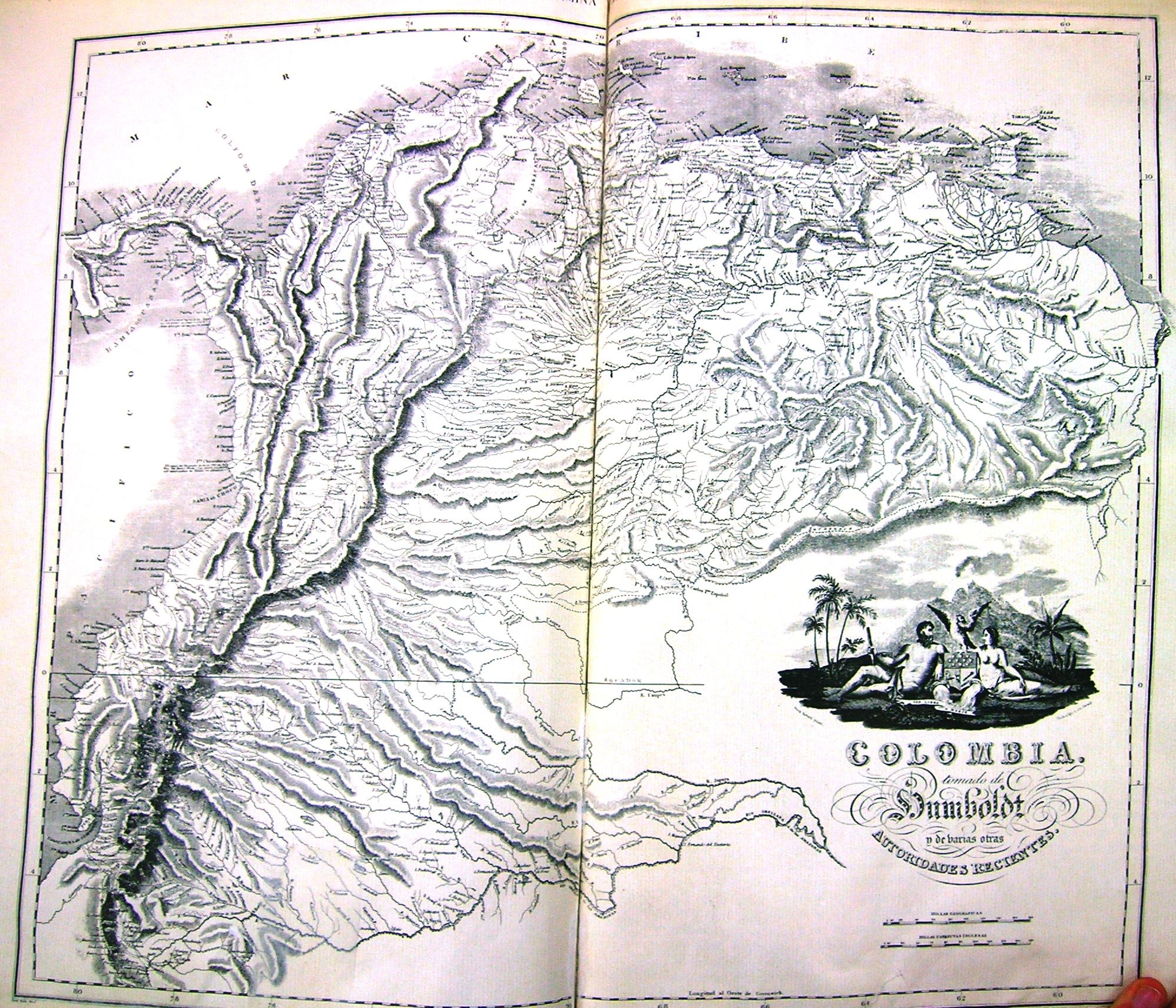 Mapa histórico de Colombia con relieve y elementos decorativos.