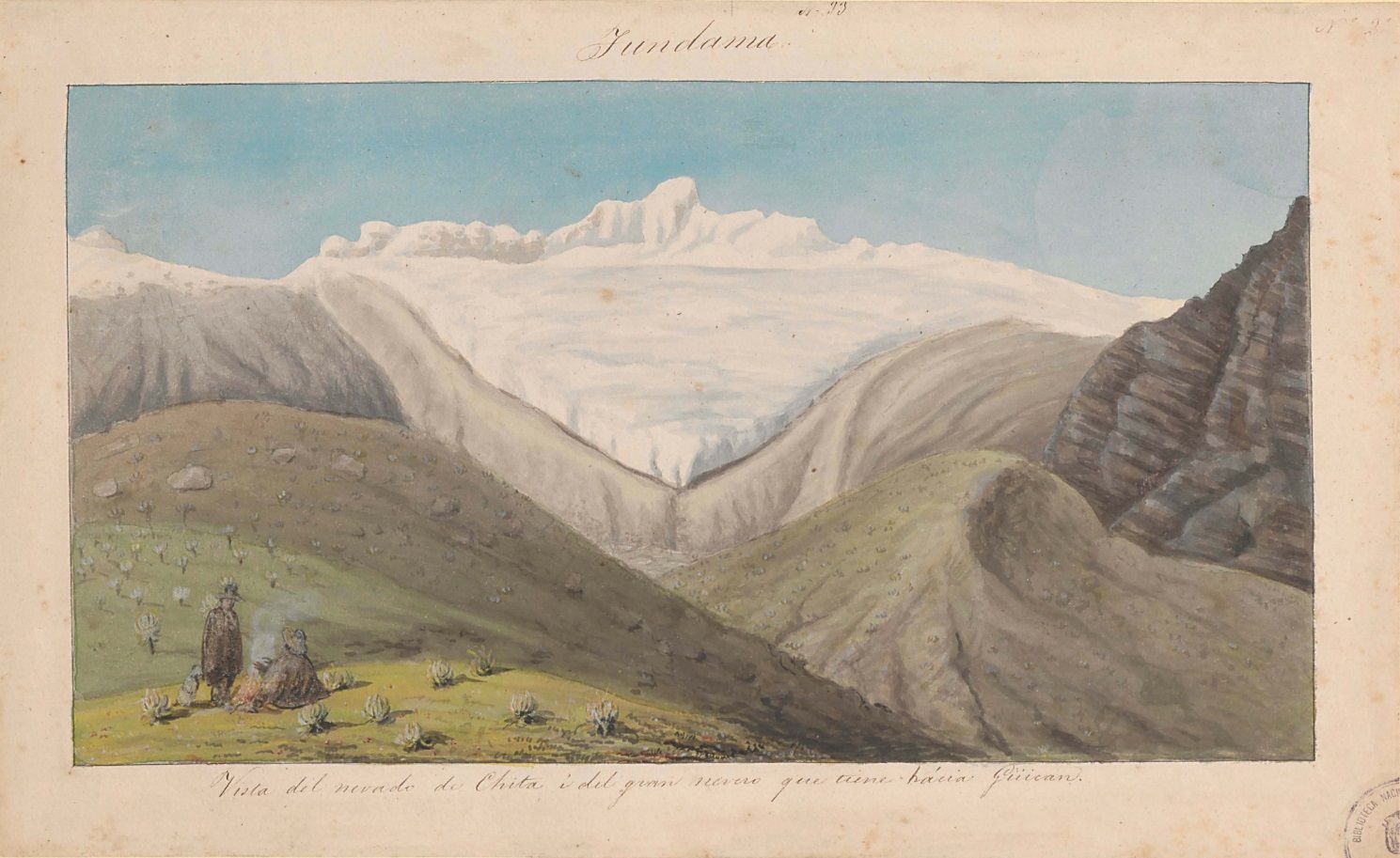 Lámina de la comisión corográfica de la vista del nevado de Chita y del gran nevero que tiene hacia Guicán, por la provincia de Tundama, hacha por Carmelo Fernández