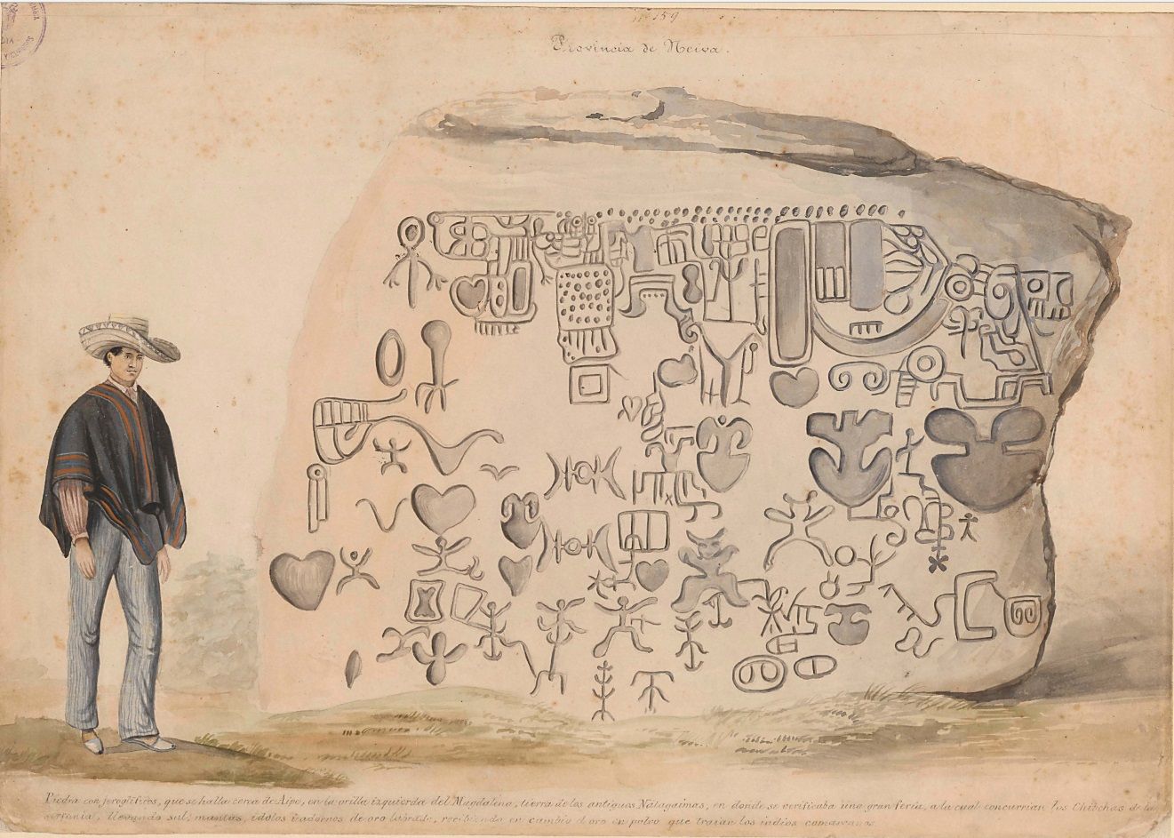 Lámina de la comisión corográfica de unas piedra con jeroglíficos, que se halla cerca de Aipe, provincia de Neiva, por Manuel María Paz
