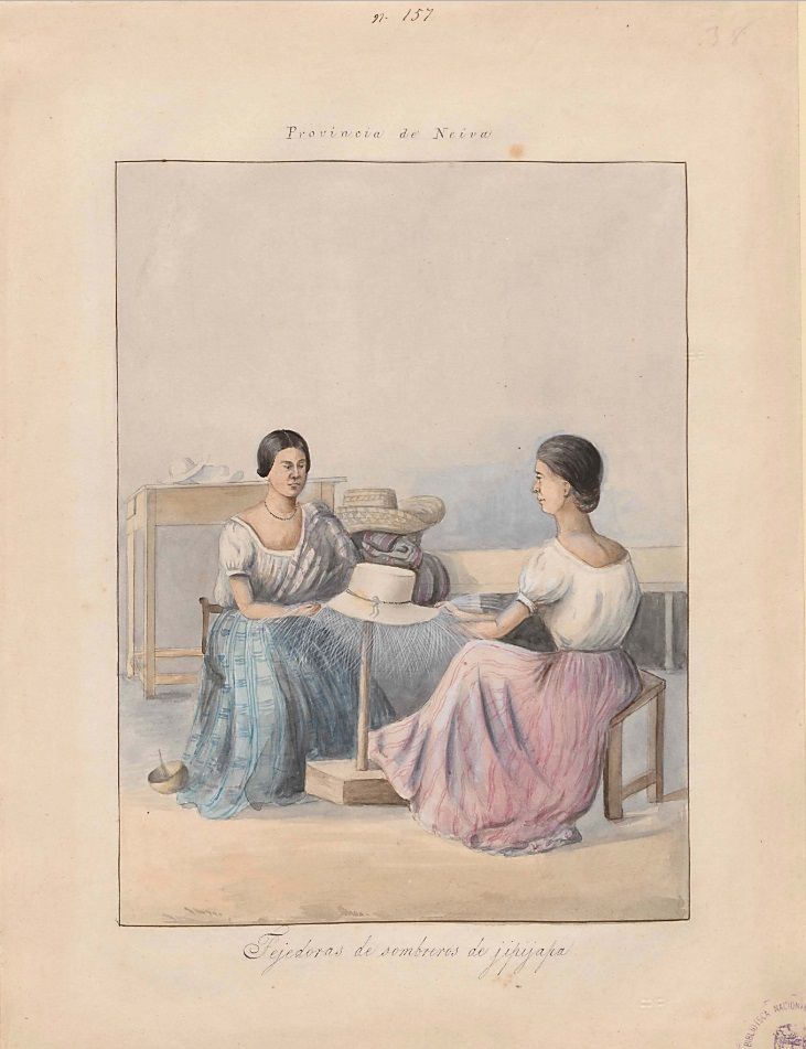 Lámina de la comisión corográfica las tejedoras de sombreros de jipijapa, en la provincia de Neiva, por Manuel María Paz