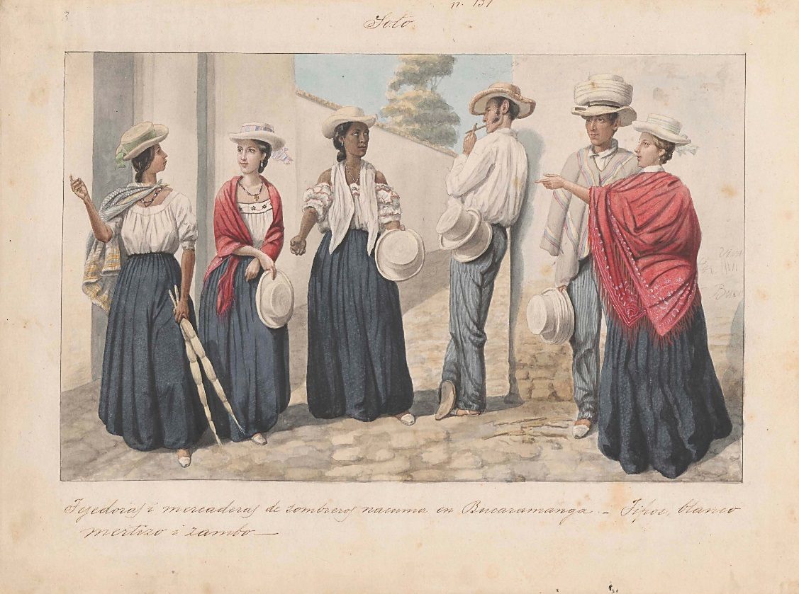 Lámina de la comisión corográfica de las tejedoras y mercaderas de sombreros nacuma en Bucaramanga, provincia de Soto, por Carmelo Fernández