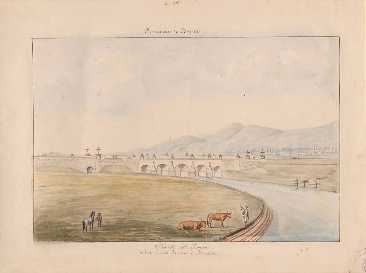 Lámina de la comisión corográfica del Puente del Común, sobre el río Funza o Bogotá, hecho porManuel María Paz