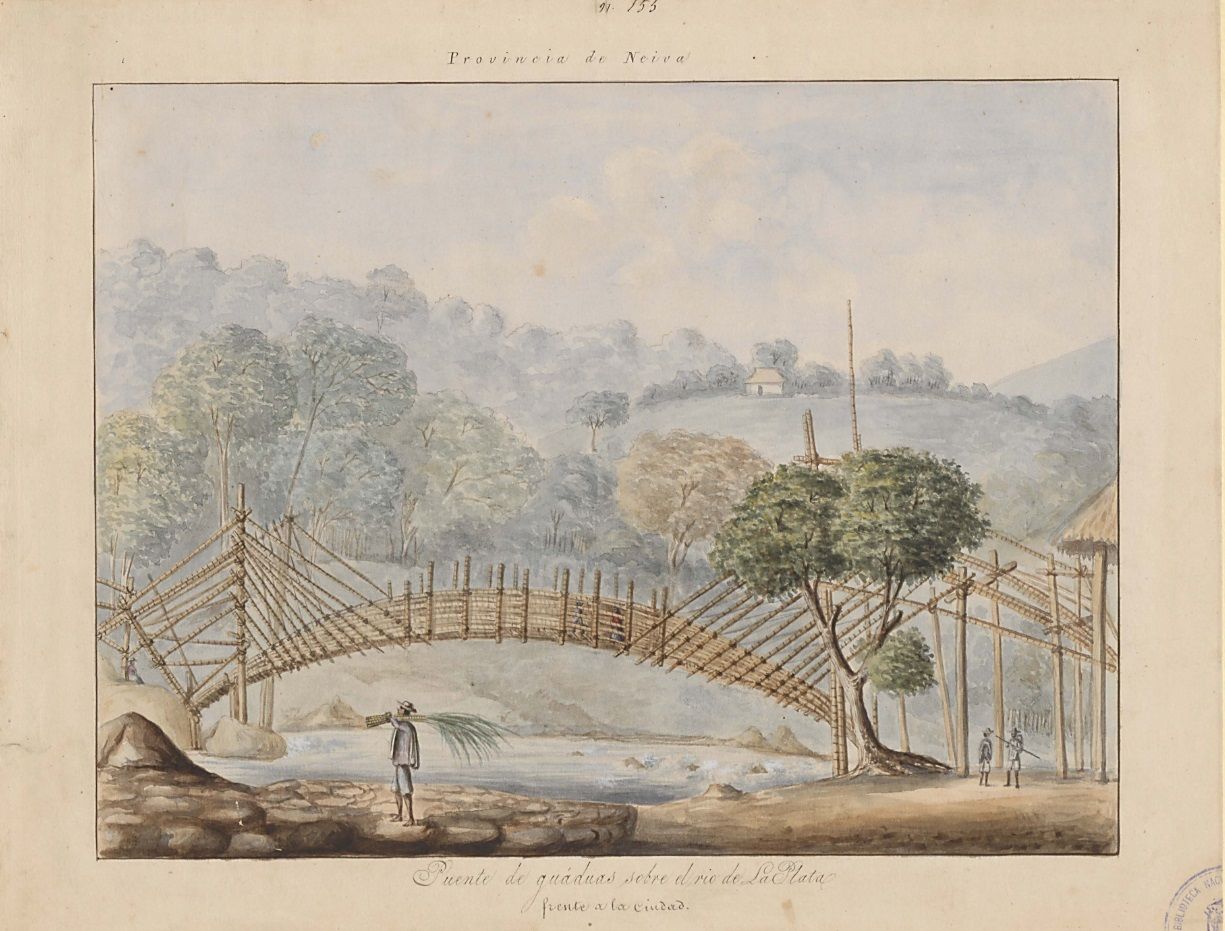 Lámina de la comisión corográfica del puente de guadua sobre el río de La Plata, frente a la ciudad, provincia de Neiva, por Manuel María Paz